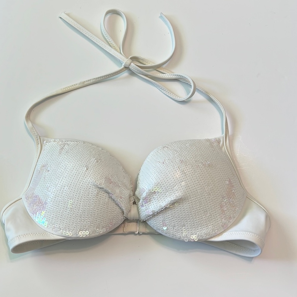 PINK Victoria's Secret White Sequin Halter Push-Up Bikini Top